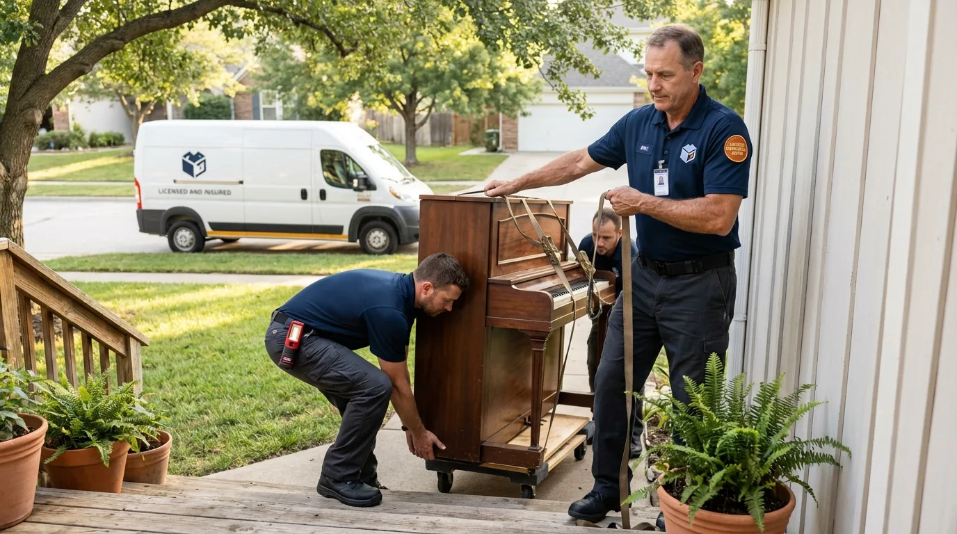 Licensed piano movers securing grand piano in Folly Beach, SC