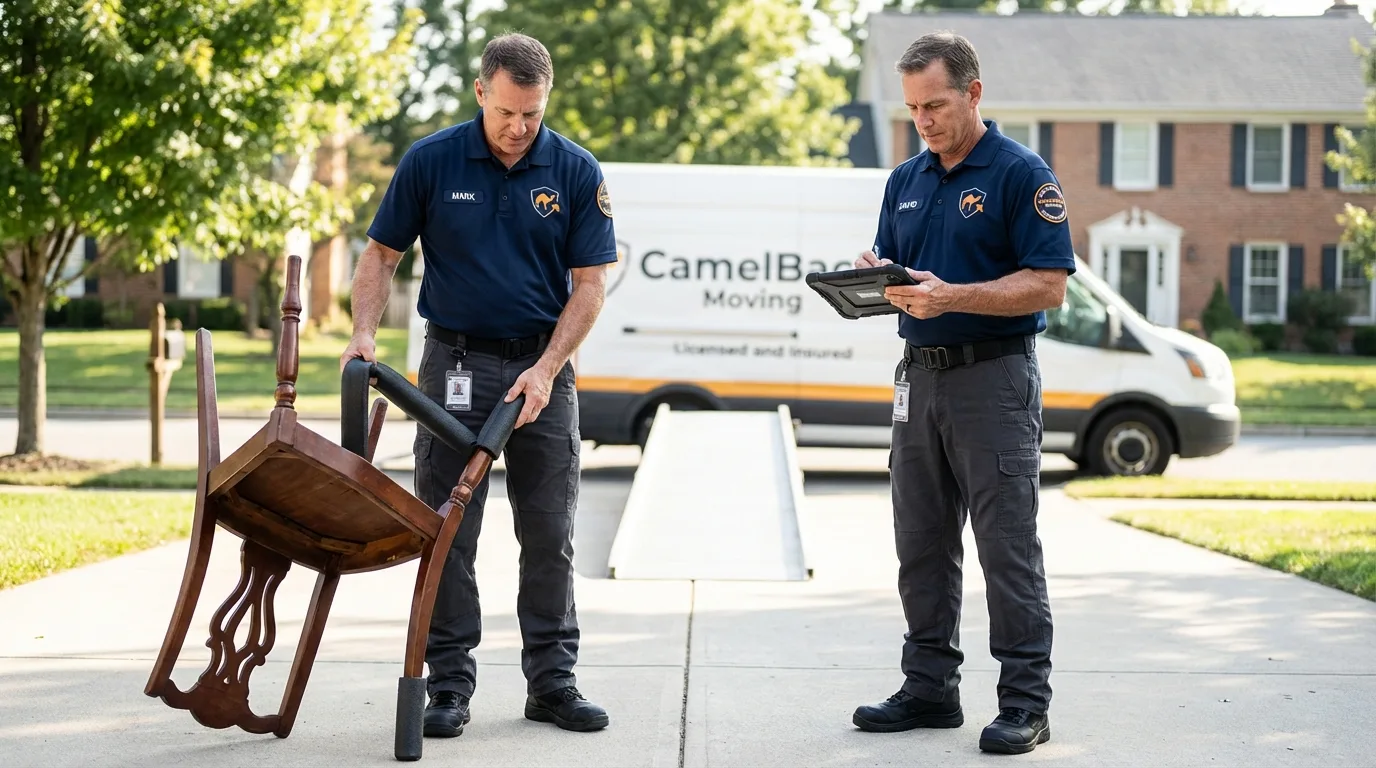 Movers inspecting furniture for damage prevention before loading in Folly Beach, SC