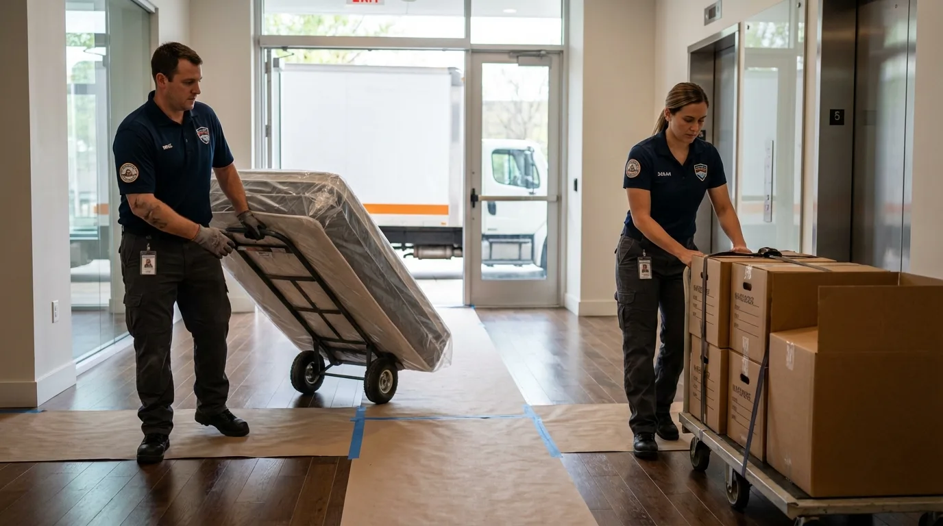 Professional apartment movers loading elevator in Folly Beach, SC