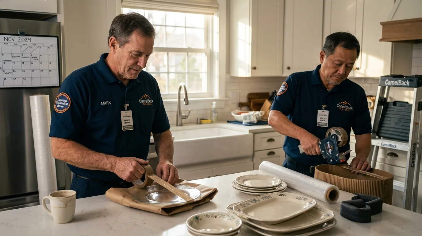 Professional crew packing kitchen dishware in Folly Beach, SC